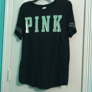 VS Pink black top w/ gold letters & studded sleeve